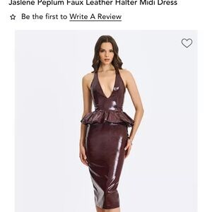 Jaslenez Peplum Faux Leather Halter Midi Dress in Deep Burgundy